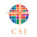 A multicolored mosaic circle is cut through by an orange cross that expands outside its bounds. CSJ is written below.