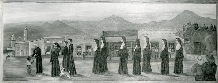 A pencil drawing of the seven sisters arriving in the Wild West town of Tucson in 1870.