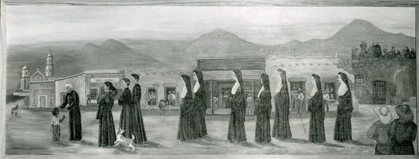 A pencil or charcoal drawing of the first seven sisters arriving in Tucson in 1870 in their long black habits. They stand in a line approaching a priest and a dog in a dusty desert town square with wooden buildings and a church in the distance. Townspeople are looking on from the periphery.