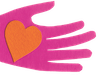 Pink hand made out of felt, holding an orange heart.
