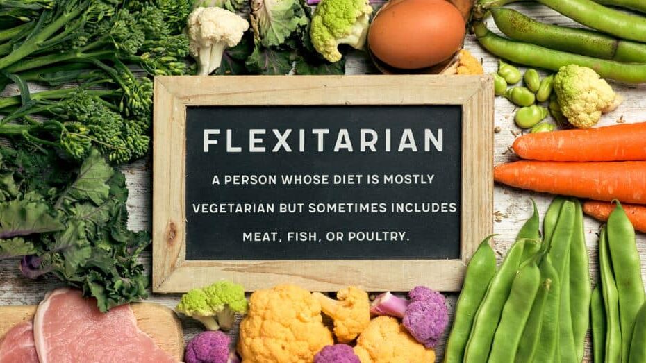 A variety of fruits vegetables and some meat around a chalkboard with the word "Flexitarian"