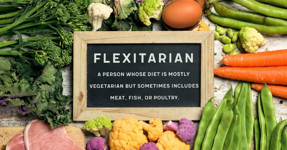 A variety of fruits vegetables and some meat around a chalkboard with the word "Flexitarian"