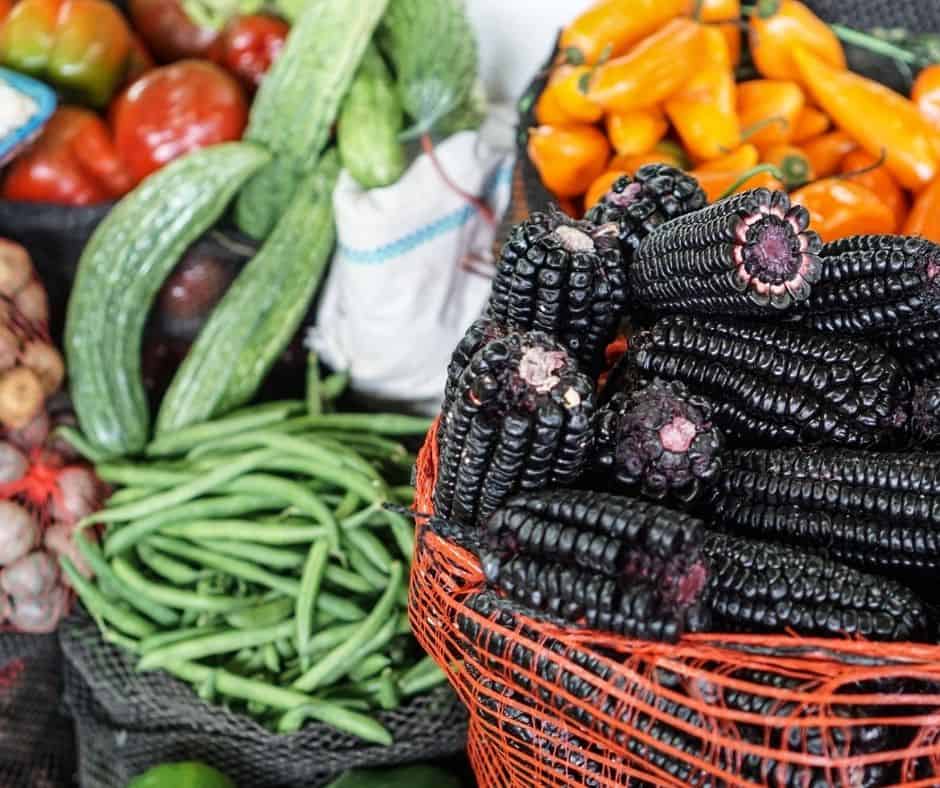 Vegetables on display at a farmers market in Lima, Peru