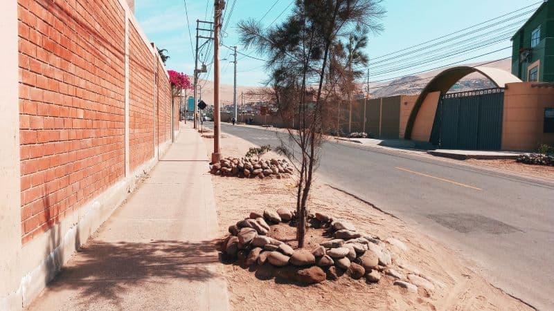 A dusty dry sidewalk and road next the Fe y Alegría School in Tacna, Peru