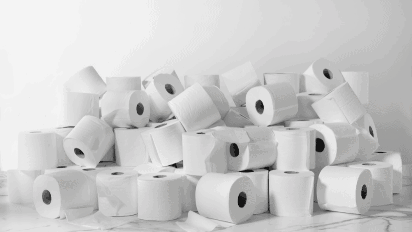 A haphazard pile of dozens of toilet paper roles sit in front of a white backdrop