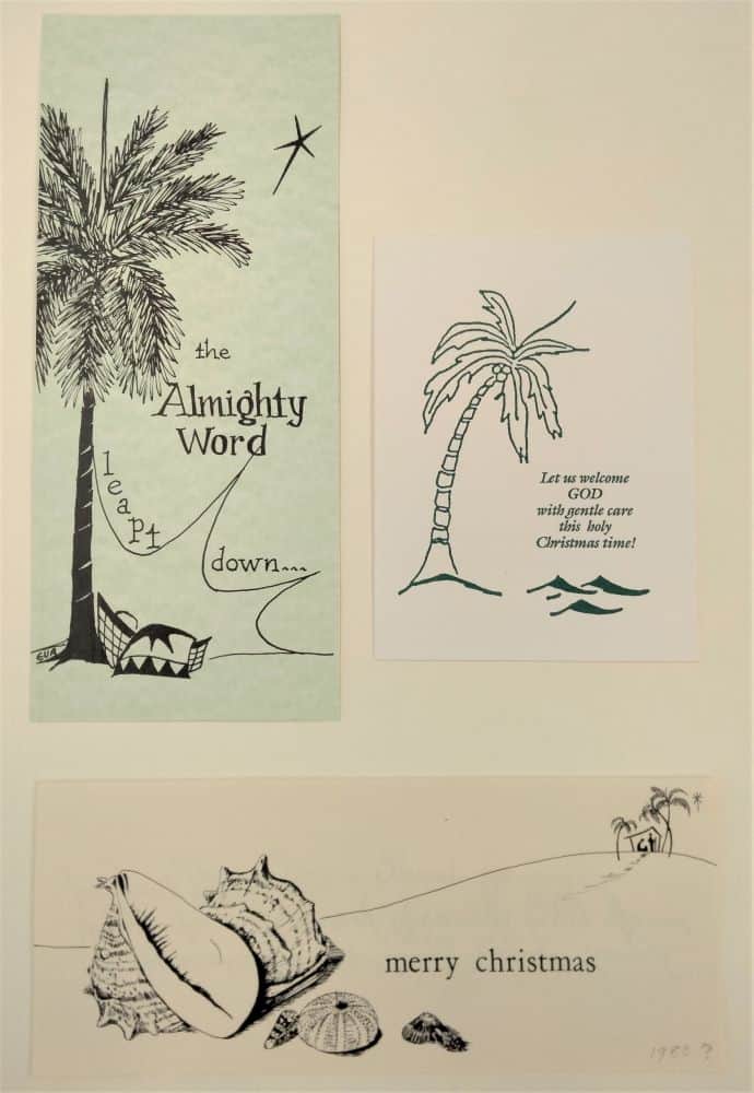 Three hand-drawn Christmas cards with beach themes
