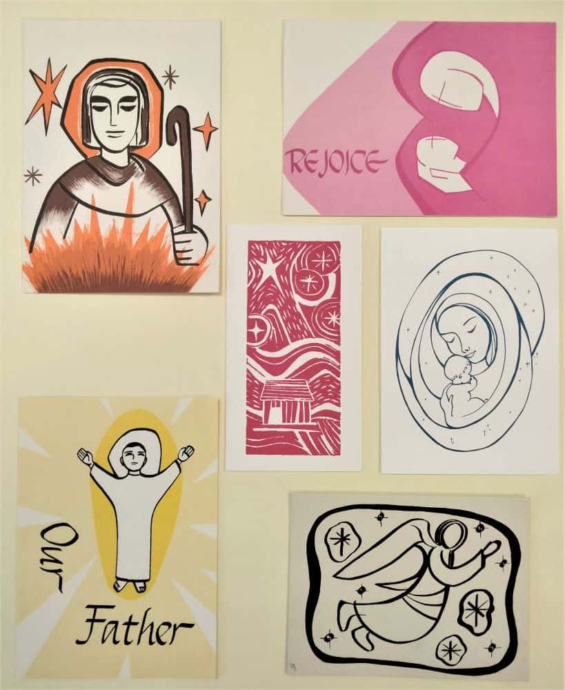 Six hand-drawn Christmas cards with Mary and the infant Jesus or the Risen Christ