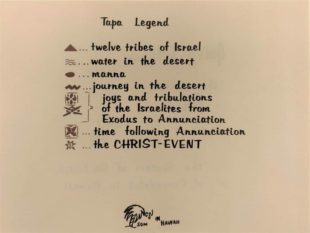 A handwritten legend for the Tapa Symbols used in the card design include triangles for the 12 tribes of Israel, three squiggly lines for water in the desert, dots for manna, a jagged line for the journey in the desert and intricate shapes for the joys and tribulations of the Israelites from Exodus to Annunciation
