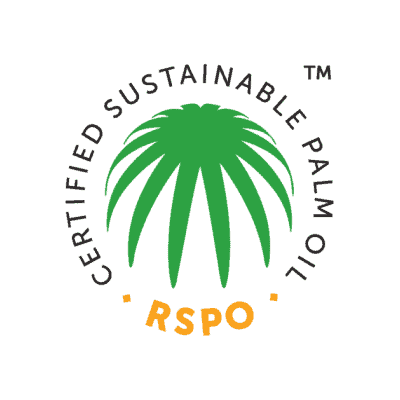 Roundtable on Sustainable Palm Oil logo features a green palm leaf surrounded by the words "Certified sustainable palm oil" and their acronym RSPO in yellow at the bottom