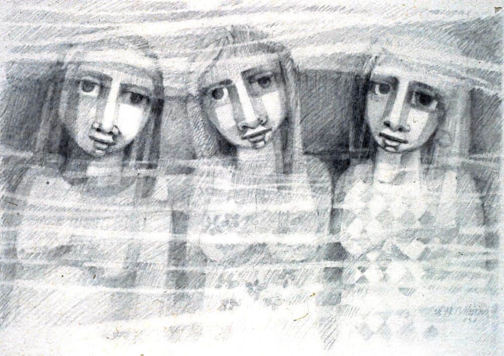 A black and white drawing of three women gazing at the viewer, they are obscured by hazy lines