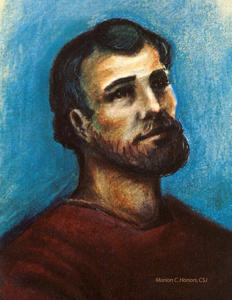 St. Joseph, in a brown tunic, is painted from the shoulders up, staring up in the distance in front of a blue background.
