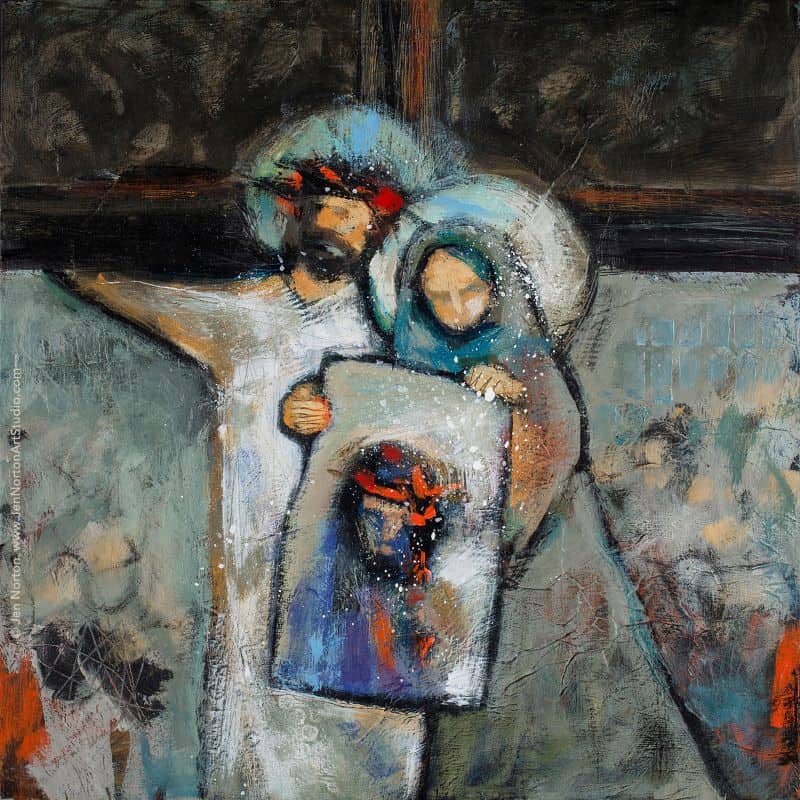 A stylistic contemporary painting of Veronica holding the cloth she just wiped Jesus' face with. His image appears there in full color. Jesus stands right next to her holding his cross.