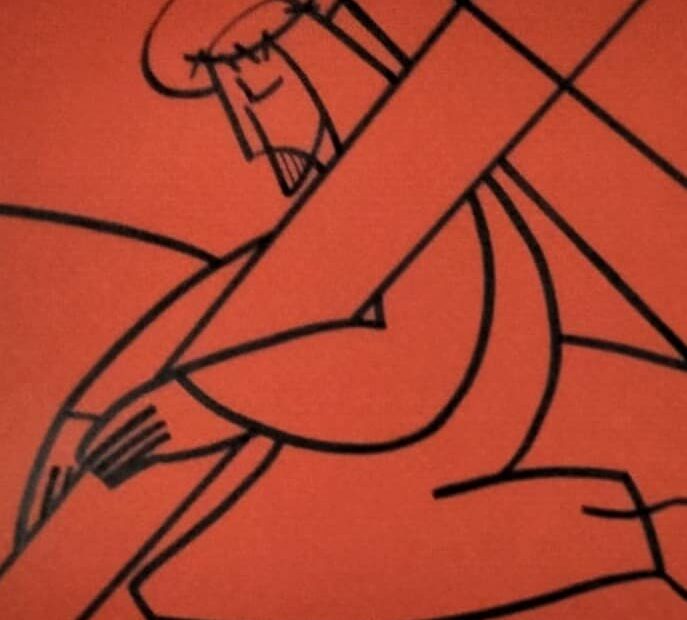 A minimalist line drawing in black ink on red paper shows Jesus on his knees holding the cross after falling.