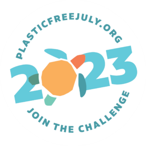 Plastic Free July badge reading 2023 with a sea turtle illustration as the zero. PlasticFreeJuly.org and Join the Challenge form a circle 