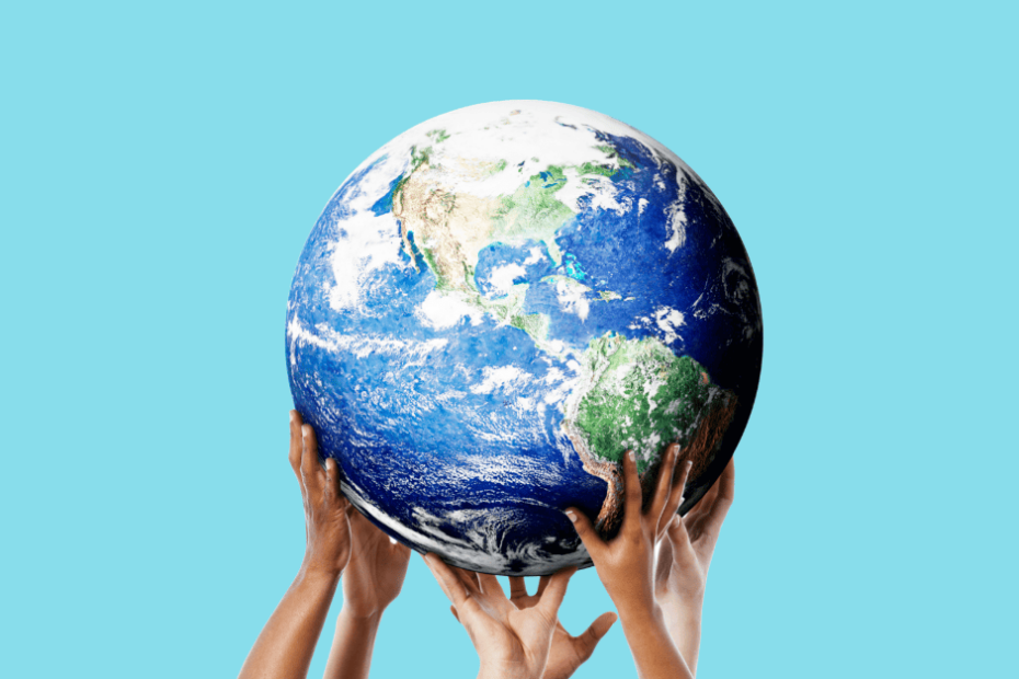 Multiple hands holding up the globe on an aqua background