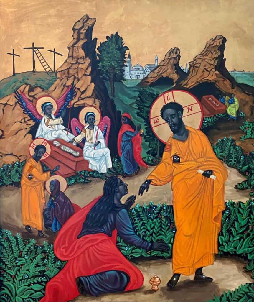 Jesus, in a goldenrod colored tunic, reaches out his hand to show his wound to Mary Magdalene as she kneels before him on the road outside his tomb. Two people and two angels gaze at them in the background