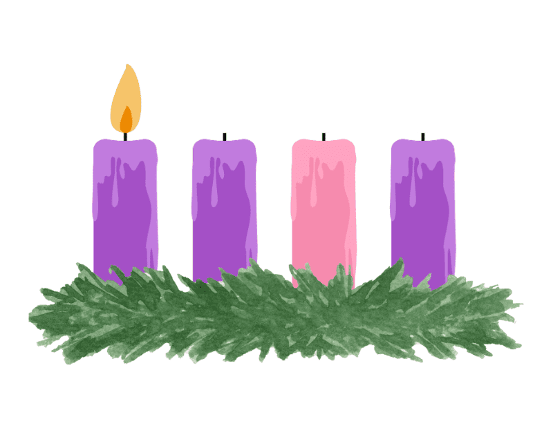Graphic of an Advent wreath with the first candle lit
