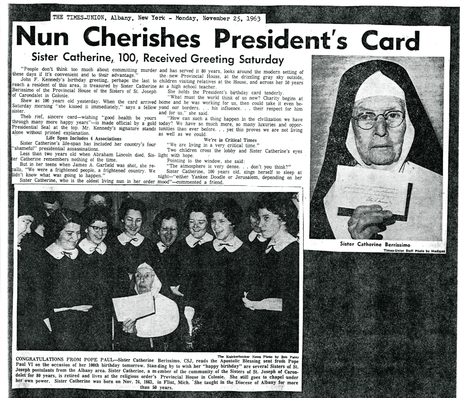 A newspaper clipping with the headline "Nun Cherishes President's Card"