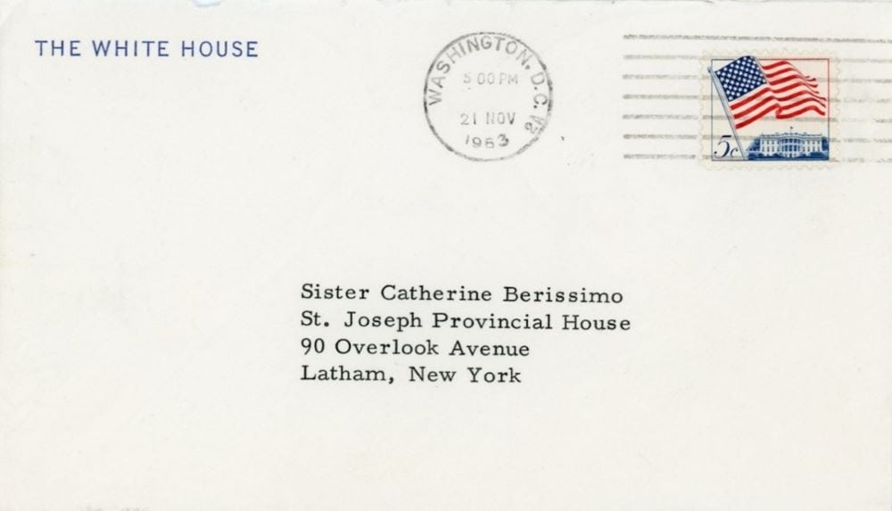 A scan of an envelope addressed to Sister Catherine from The White House with a postmark of November 21, 1963.