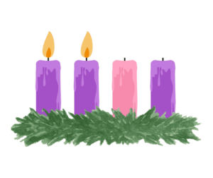 Graphic of an Advent wreath with the first two candles lit.