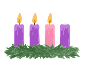 Graphic of an Advent wreath with three of the candles lit.