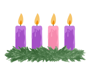 Graphic of an Advent wreath with all four candles lit.