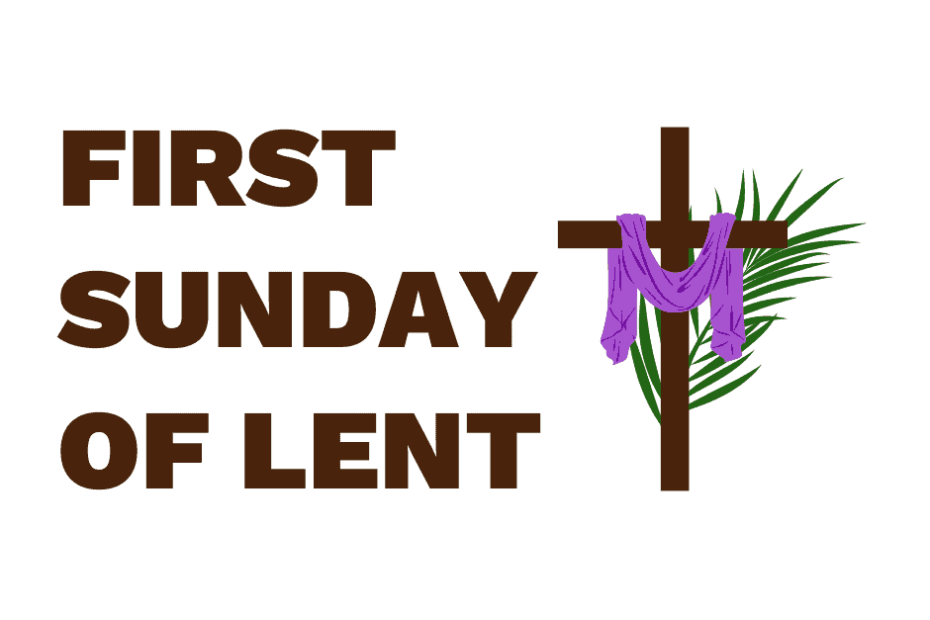First Sunday of Lent graphic with a cloth hanging over a cross with a palm branch