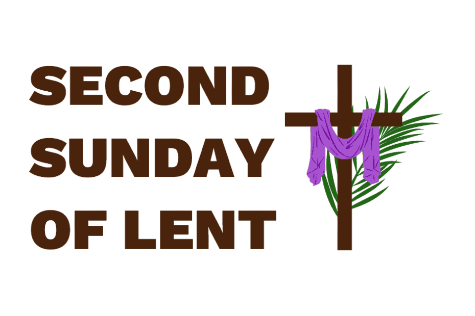 Second Sunday of Lent graphic with a cloth hanging over a cross and a palm branch