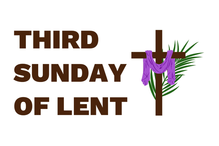 Third Sunday of Lent graphic with a cloth hanging over a cross and a palm branch