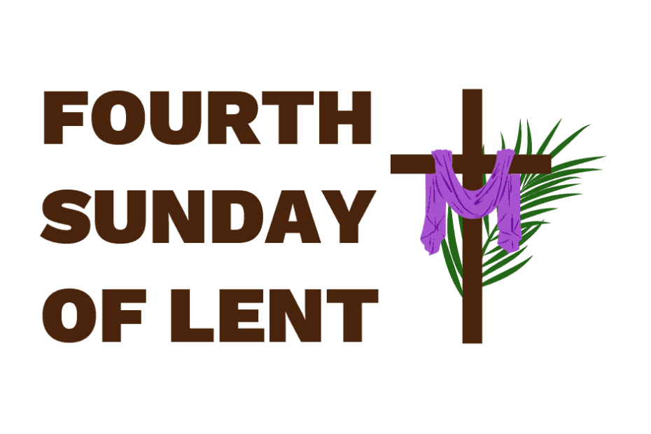 Fourth Sunday of Lent graphic with a cloth hanging over a cross and a palm branch