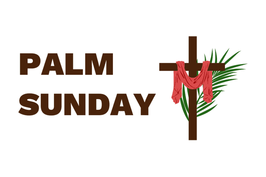 Palm Sunday graphic with a cloth hanging over a cross and a palm branch