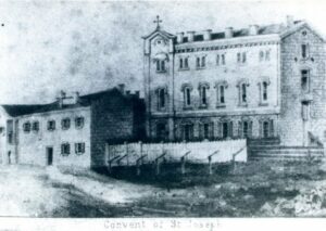 Black and white drawing of the convent of St. Joseph in St. Louis
