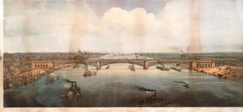 Old drawing of Eads Bridge in St. Louis