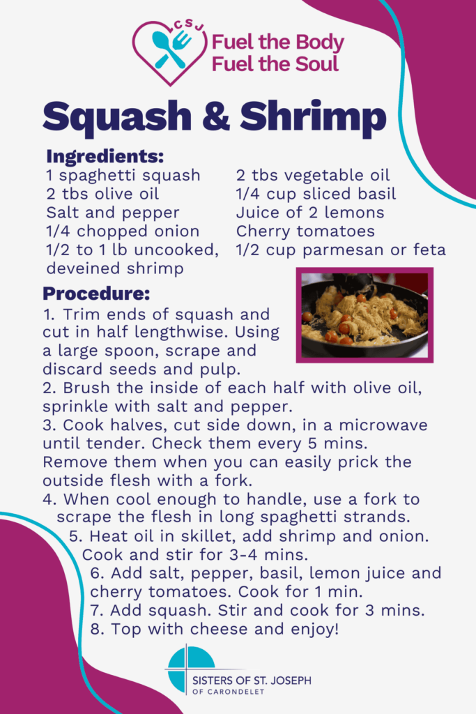Recipe for Sr. Anne McMullen's spaghetti squash shrimp entree