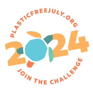 Plastic Free July 2024 badge includes a sea turtle in place of the zero in 2024.