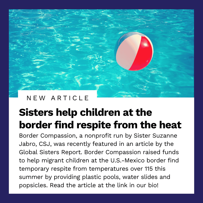 Graphic for the Global Sisters Report article titled, "Sisters help children at the border find respite from the heat"