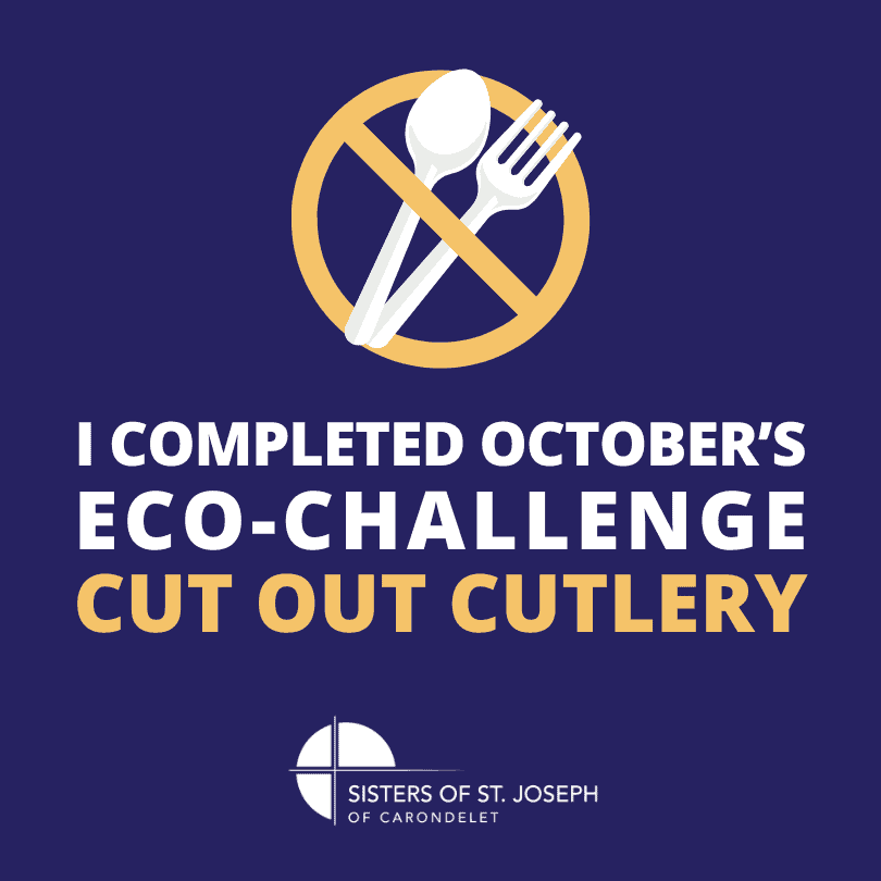 Dark blue background with a graphic of crossed out plastic utensils and text that reads "I completed October's Eco-Challenge: cut out cutlery"