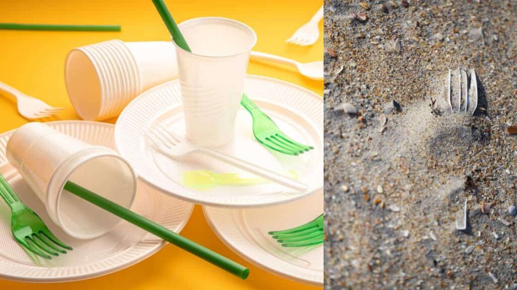 A pile of plastic plates, cups and forks on a yellow background, next to a photo of a plastic form half buried in the sand on a beach