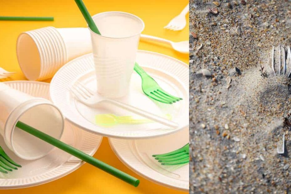 A pile of plastic plates, cups and forks on a yellow background, next to a photo of a plastic form half buried in the sand on a beach