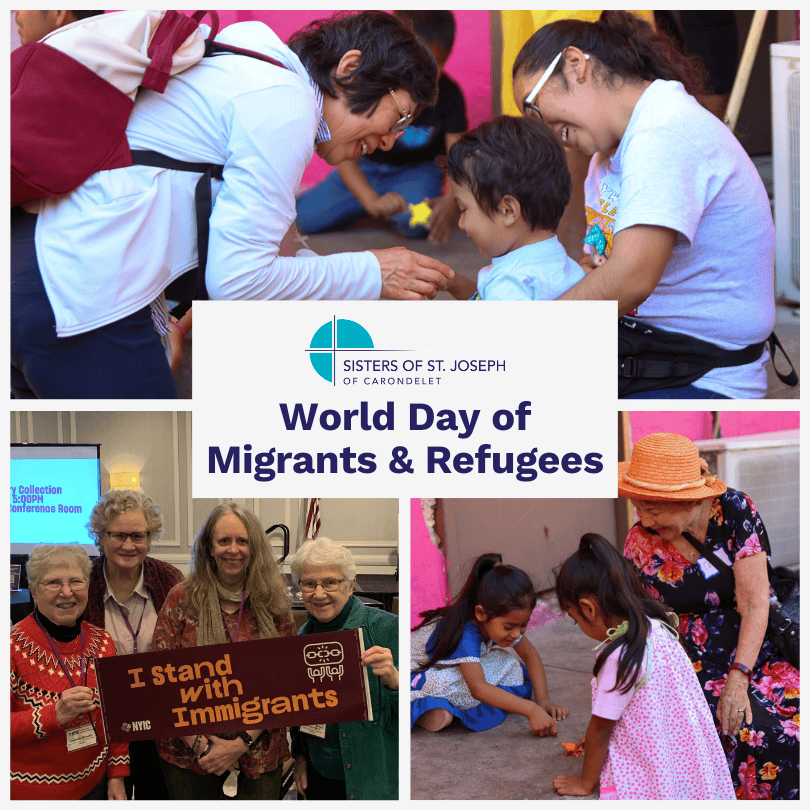 Photo collage of women tending to migrant and refugee children and advocating for their rights with text that reads: "World Day of Migrants and Refugees"