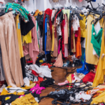 Store clothing racks in complete disarray with clothes even fallen to the floor