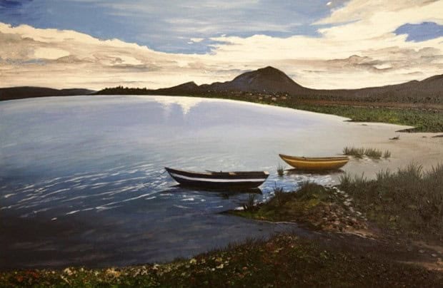 A painting of a serene lake scene with two empty fishing boats