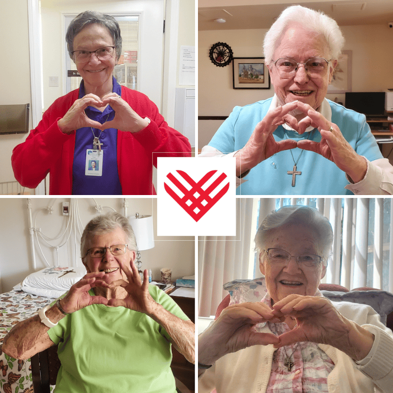 Four photos of individual women making a heart shape with their hands with the heart logo for Giving Tuesday in the middle