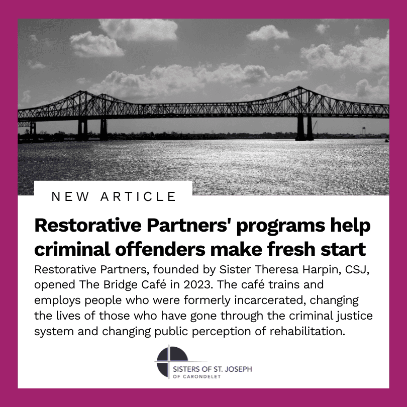 Graphic for the Global Sisters Report article titled, "Restorative Partners' programs help criminal offenders make fresh start"