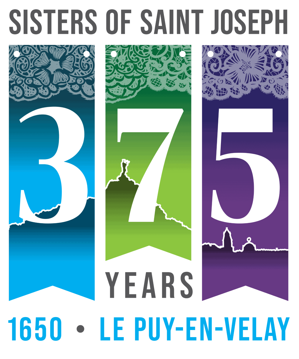 Logo for the 375th anniversary of the Sisters of St. Joseph features big numbers 3, 7 and 5 on lacy blue, green and purple banners with a silhouette of the LePuy skyline behind them.