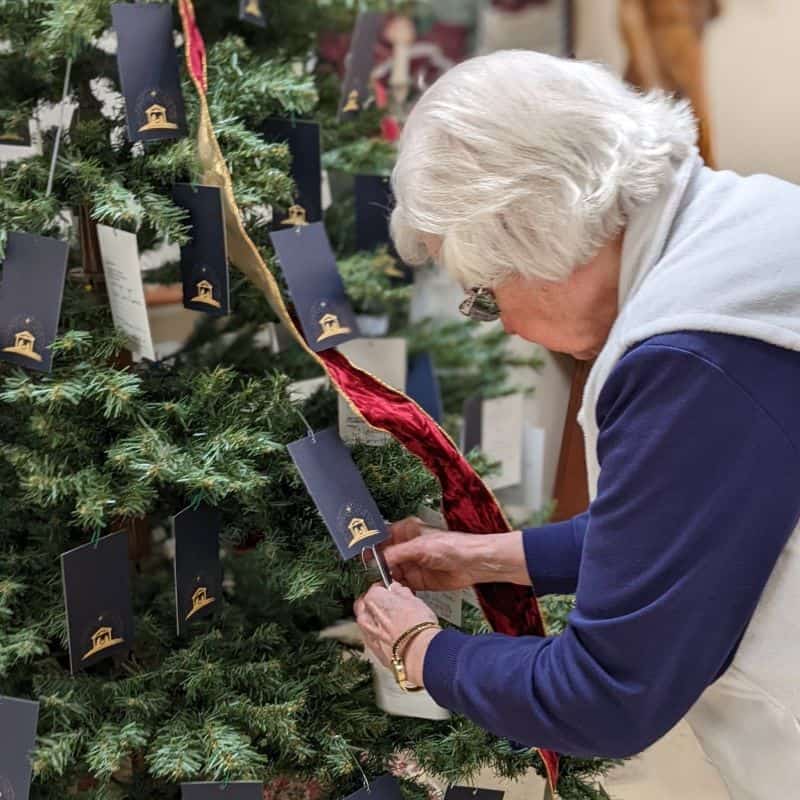 A woman decorating a Christmas tree