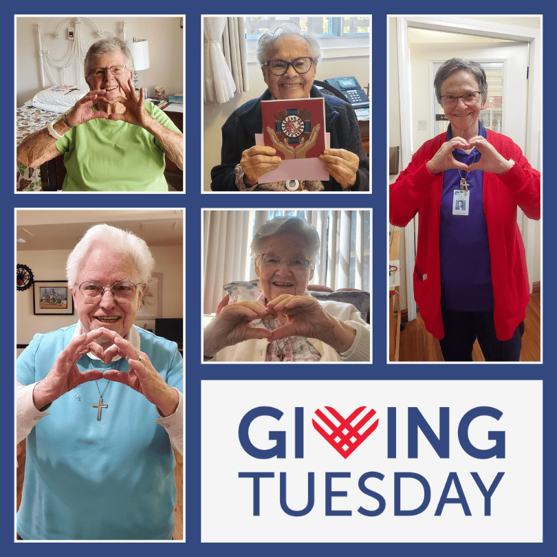 Photo collage of five sisters making hearts with their hands for Giving Tuesday