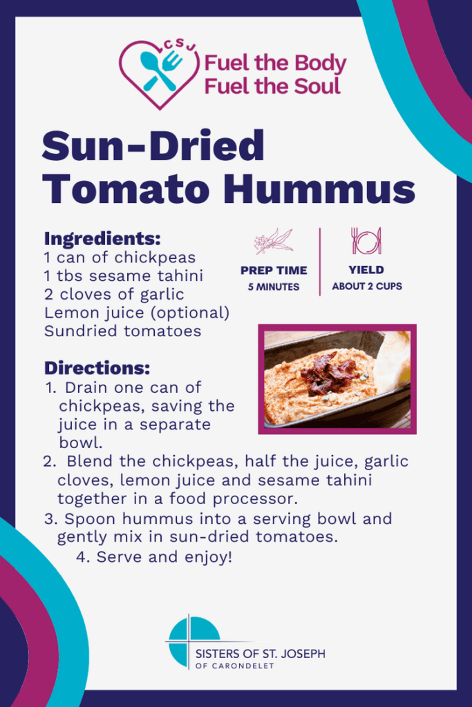 Recipe card for homemade sun-dried tomato hummus