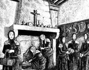 Drawing of the first sisters in the Le Puy Kitchen by Kathy Rooney