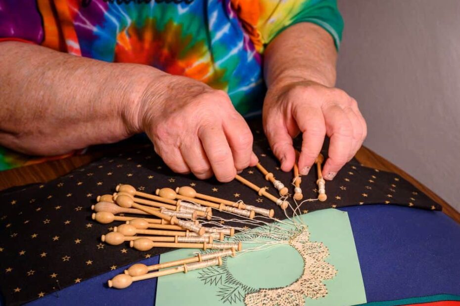 Close up of Sister Nancy Marsh's hands lacemaking